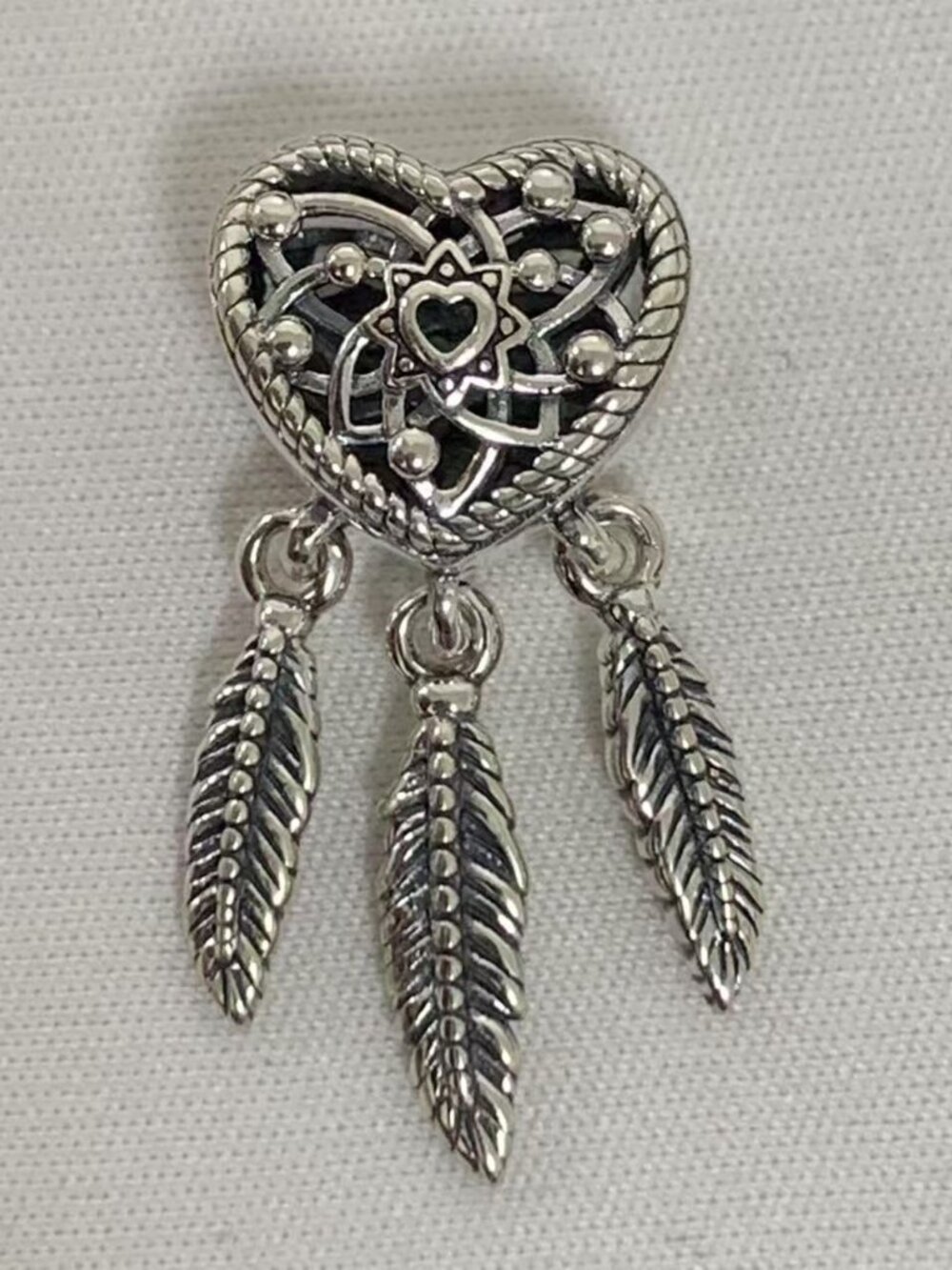 Pandora Openwork Heart & Three Feathers Dreamcatcher Charm, S925 Silver Jewelry